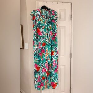 BloomChic Teal Floral Summer Dress with Pink & Olive Accents